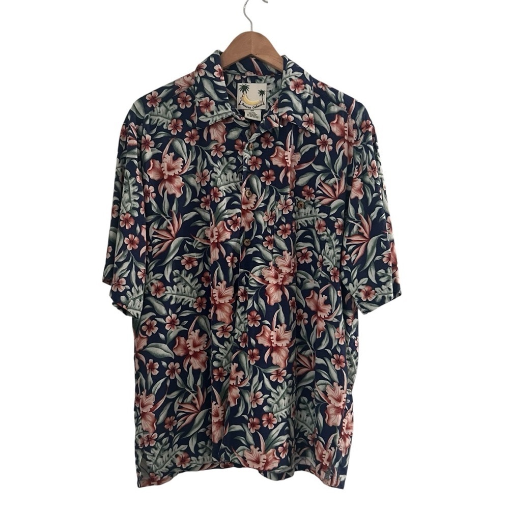 Banana Cabana Men's Sz L 100% Silk Tropical Hawaiian Shirt Navy and Pinky Peach